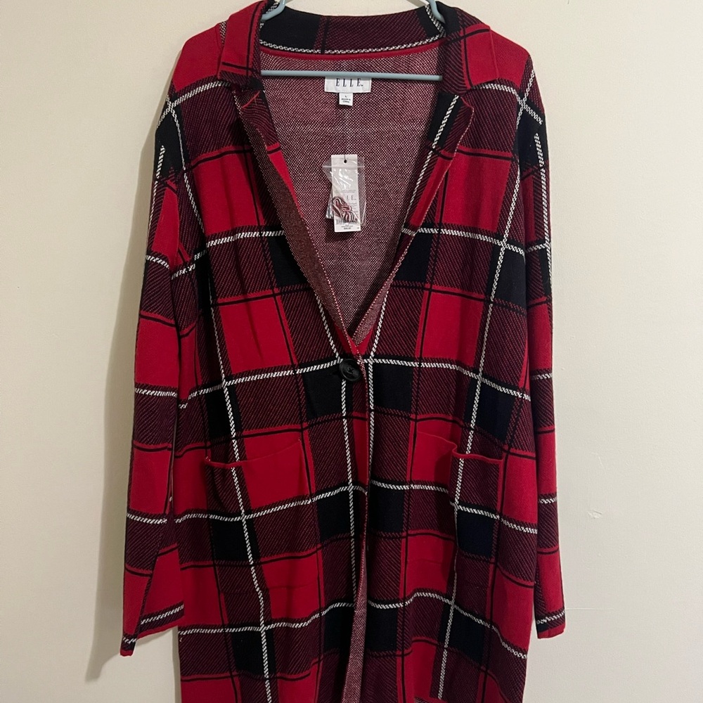 Elle Red and Black Plaid Sweater Coat NWT Size Large